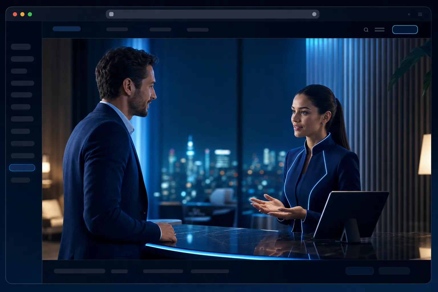 Business visitor speaking face to face with a visual AI concierge
